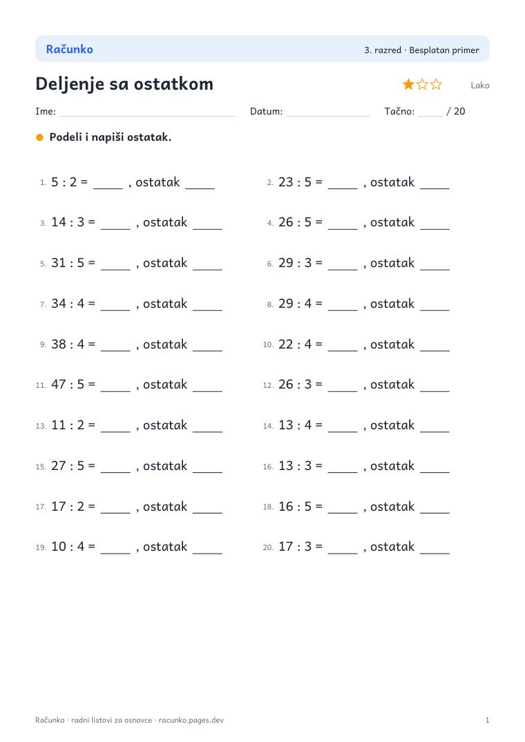 Radni list: Deljenje sa ostatkom