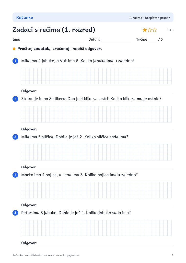 Radni list: Zadaci s rečima (1. razred)