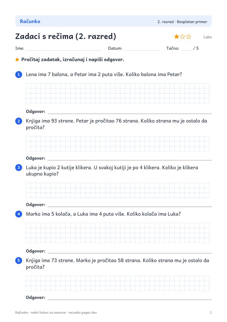 Radni list: zadaci s rečima