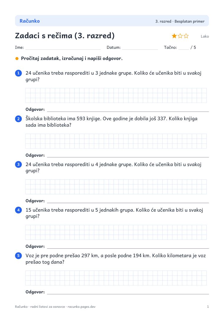 Radni list: Zadaci s rečima (3. razred)